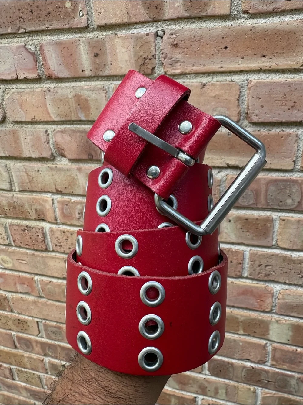 Red Double-Row Grommet Leather Belt